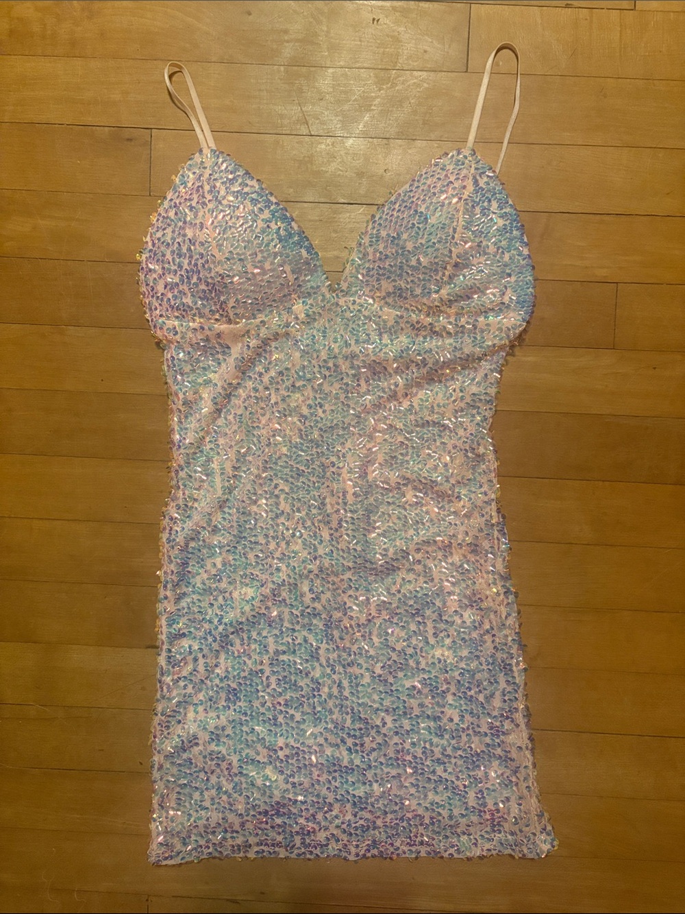 Fashion Nova Pastel Iridescent Sequin Spaghetti Strap Mini Dress